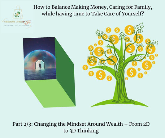 Image illustrating balance between making money, family care, and self-care in wealth mindset shift from 2D to 3D thinking.