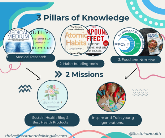 Infographic outlining SustainiHealth's 3 pillars: Medical Research, Habit Building, Food & Nutrition, with 2 missions.