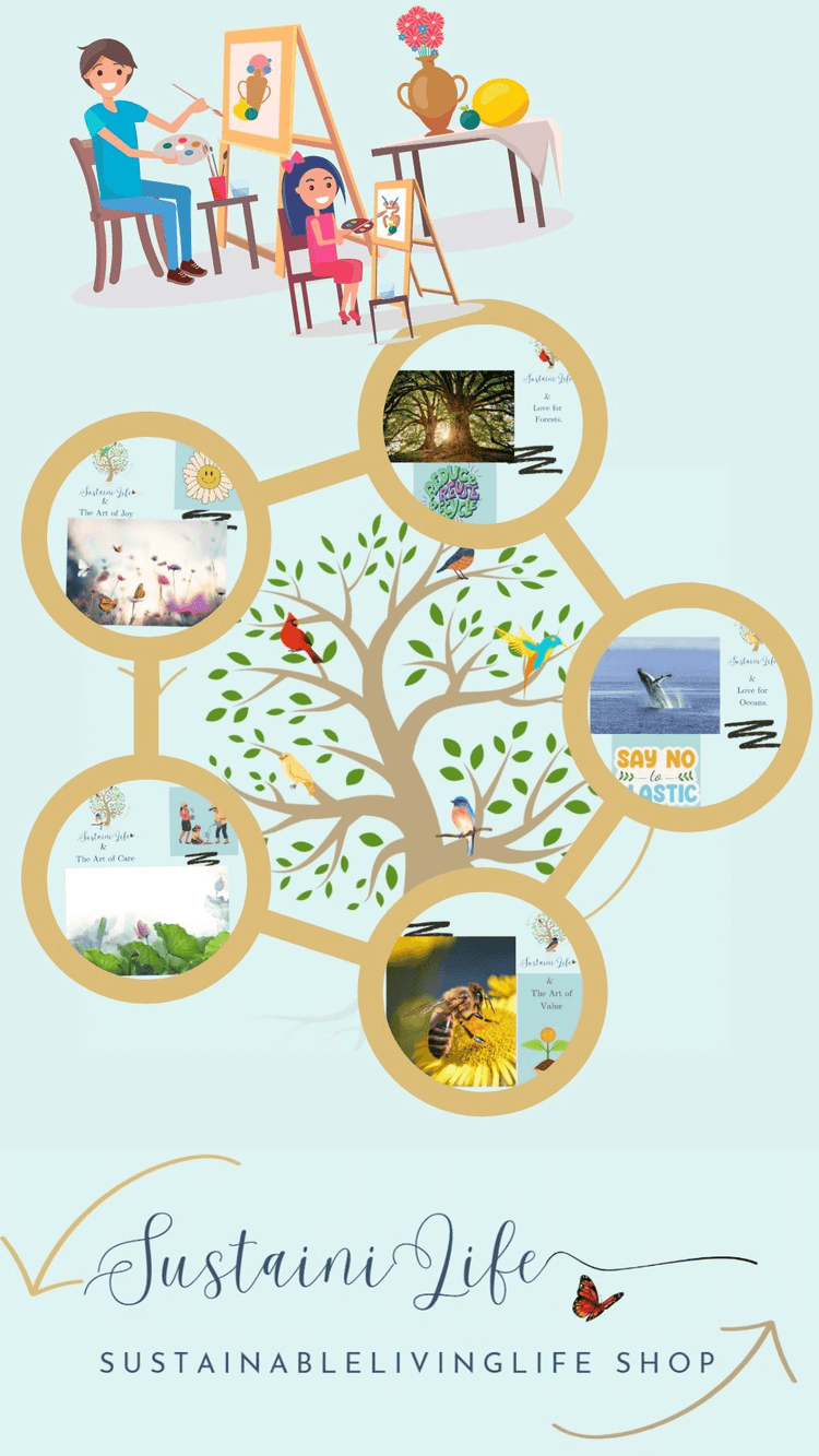 Illustration of a sustainable living collection showcasing eco-friendly products and creative activities for kids.