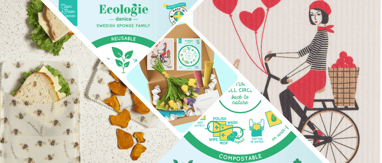 Ecologie sustainable living products featuring reusable sponges, beeswax wraps, and eco-friendly packaging.
