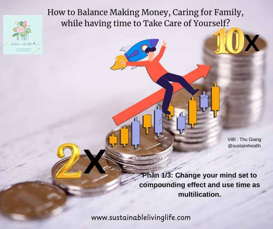 Infographic on balancing money, family, and self-care with time management tips and growth symbols.