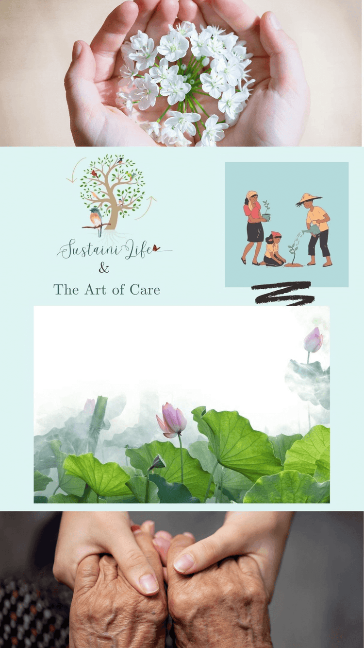 Sustainability collection image featuring hands, flowers, and care-focused artwork.