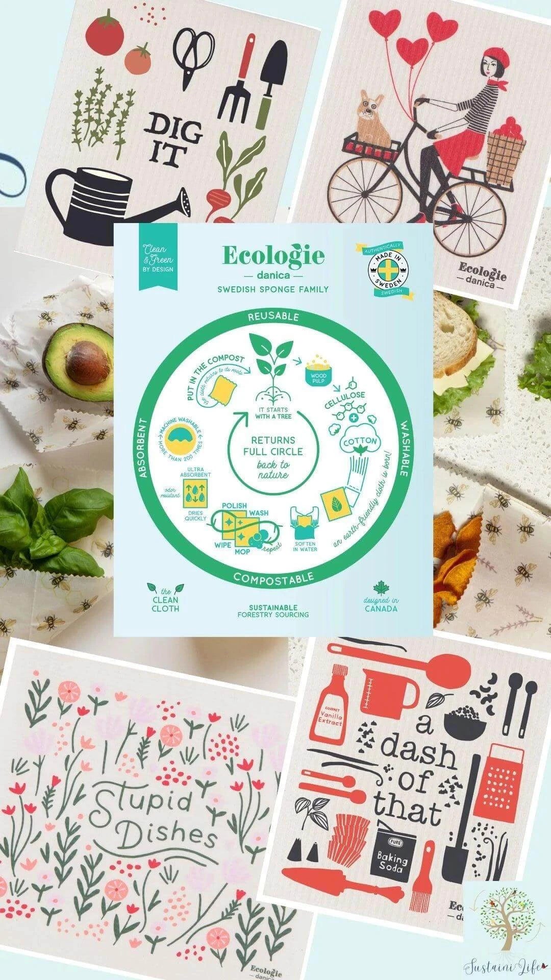 Ecologie by Danica sustainable living collection showcasing eco-friendly Swedish sponge cloths and playful designs.